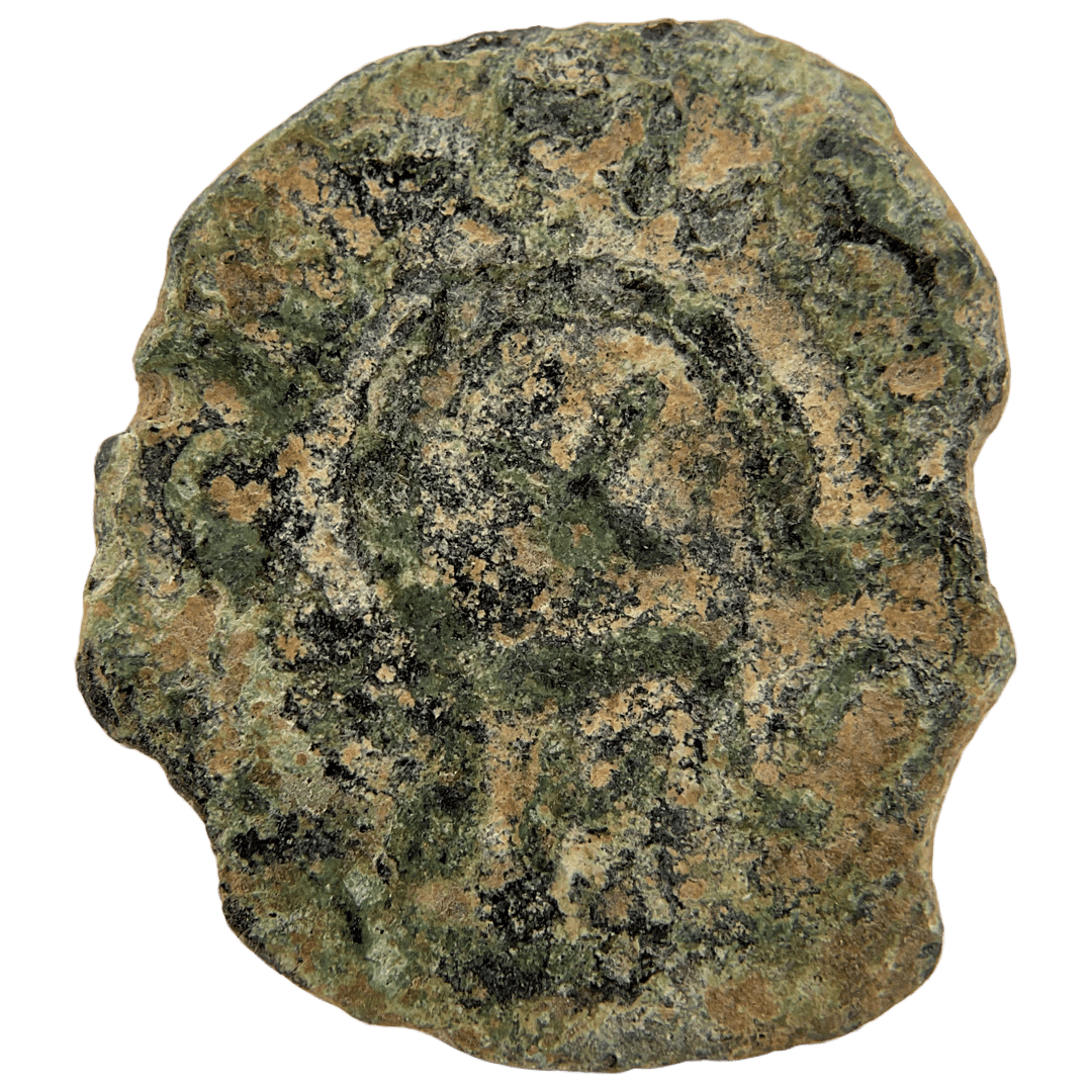Reverse of bronze Herod the Great prutah, showing a three-legged Temple table