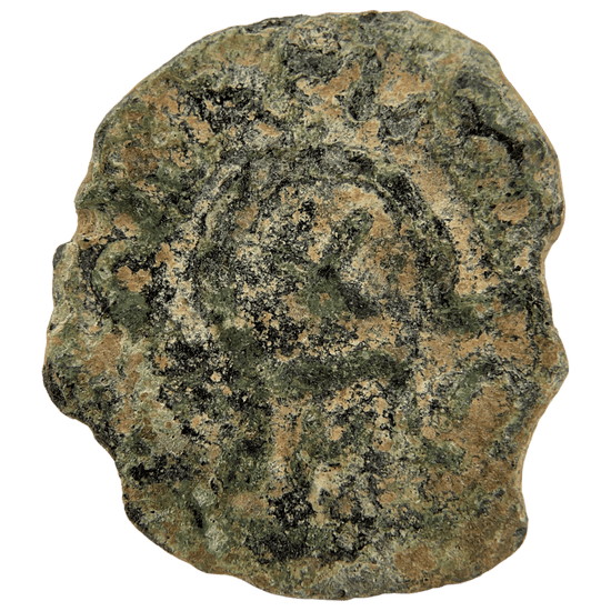 Reverse of bronze Herod the Great prutah, showing a three-legged Temple table