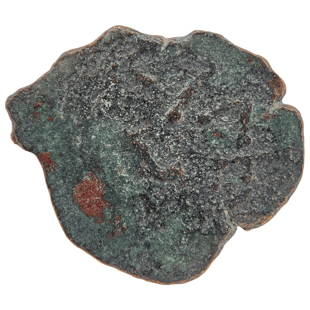 Reverse of bronze Herod the Great prutah, showing a three-legged Temple table