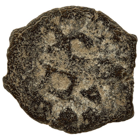 Reverse of bronze Herod the Great prutah, showing a three-legged Temple table