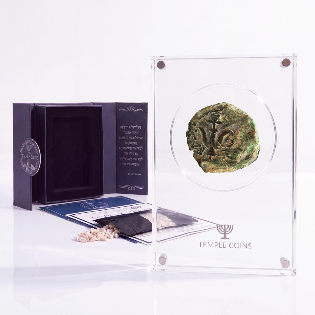 Bronze Widow's Mite prutah, anchor obverse, in a display case with gift box, certificate and a packet of crushed Jerusalem stone