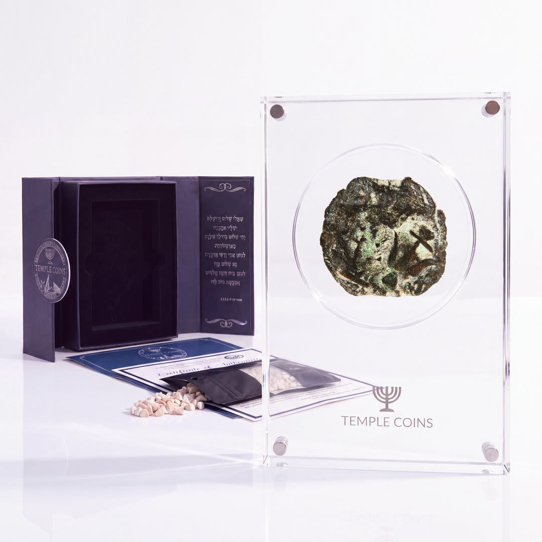Bronze Widow's Mite prutah, anchor obverse, in a display case with gift box, certificate and a packet of crushed Jerusalem stone