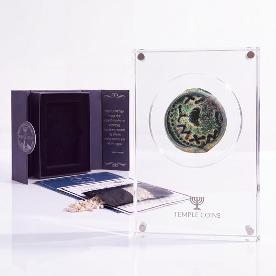 Bronze Masada prutah, amphora obverse, in a display case with gift box, certificate and a packet of crushed Jerusalem stone
